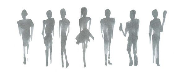 Hand drawn watercolor artwork. Painted aquarelle picture. Artist painting. Blurry silhouettes of a group of people in different poses. Elements for architectural design. Figures of men and women.