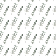 Seamless watercolor floral pattern - green leaves and branches composition on white background, perfect for wrappers, wallpapers, postcards, greeting cards, wedding invitations, romantic events.