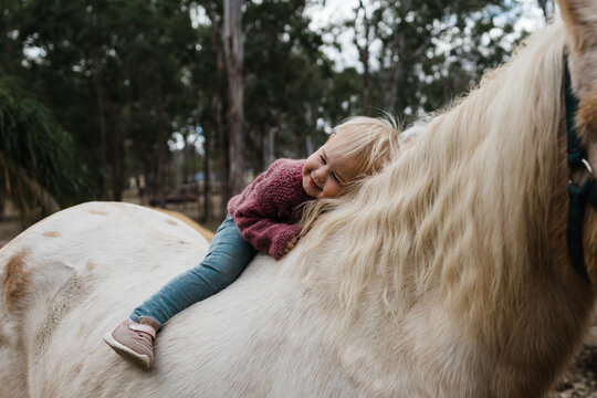 Little girl cuddling horse