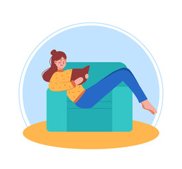 A happy girl reading a book and relaxing in a couch with a smile. Vector flat illustration isolated on a white background