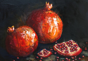 oil painting red pomegranates. Ripe pomegranates on a black background. still life, contemporary art. - 420522914