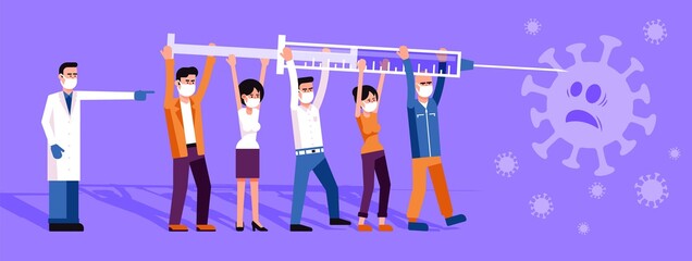 Mass vaccination. People with a syringe against the covid-19 virus. Vector illustration.