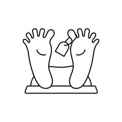 Morgue line icon. Pair people foot with tag. Dead body sign. Linear human footprints. Vector isolated on white