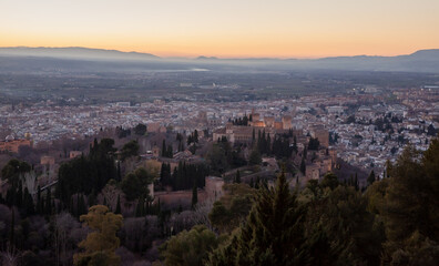 Granada view of Alhambra palace at sunset Travel Destinations Spain