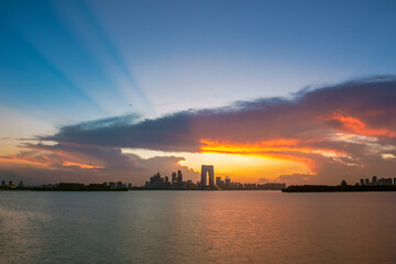 sunset over the city or lake