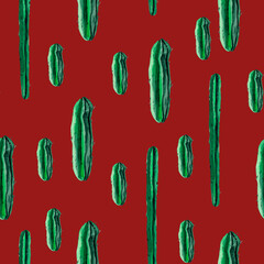 Mexican cacti on red background watercolor seamless pattern. Template for decorating designs and illustrations.