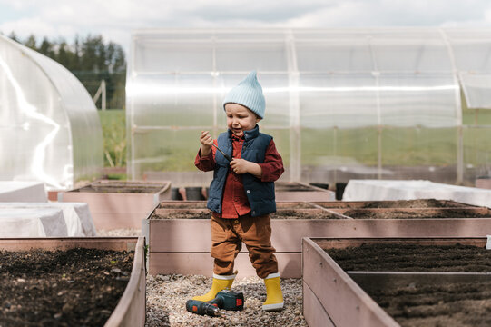Little boy with tools in garden