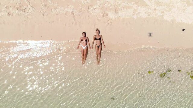 Couple of woman relaxing at paradise beach with ocean. Aerial view