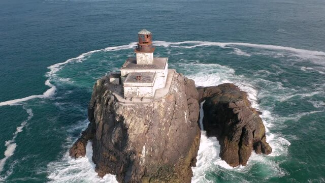 Tillamook Rock Lighthouse Dramatic Aerial Flyover 4K Terrible Tilly Pacific Northwest
