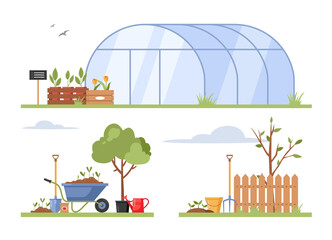Vector concept of gardening. Spring landscape with garden tools, plants, flowers in flat style. Illustration isolated on white background. Agriculture work equipment. Grow greenery. Garden place