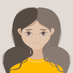 Illustration of a dark-haired girl wearing yellow clothes. Neutral emotion, gray eyes, freckles