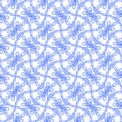seamless tile with flowers and ornaments in folk style drawn in blue color on a white background, vector