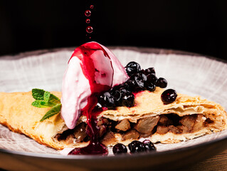 strudel with ice cream and jam