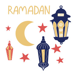 religious set for Ramadan from inscriptions and lamps. Muslim traditions.
