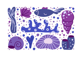 Undersea world rectangular illustration for poster, print, banner. Hand drawn marine elements set. Cartoon ocean plants, coral, fish, shell. Flat vector on white background. Violet purple blue color