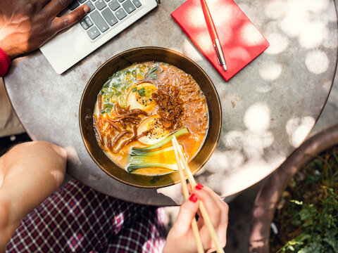 A bowl of ramen at a working lunch in Tel Aviv, Israel