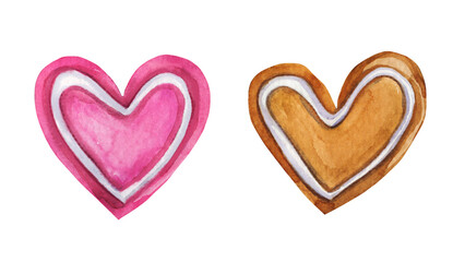 Cute biscuit cookies set hand drawn in watercolor on white background. Ideal for bakery confectionary logo, shop design element. Pink icing and gingerbread for celebration. Heart shaped.