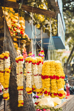 Hanging flower garlands in Goa, India