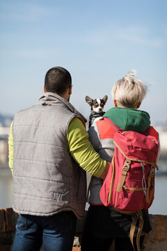Hugged couple holding their dog