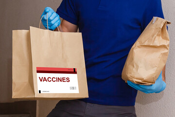 the man delivers the vaccine. Placing VACCINE label on the cardboard box