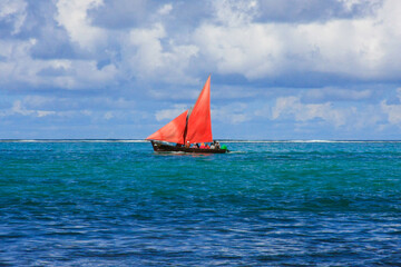 Sailing boat on the ocean. Mauritius