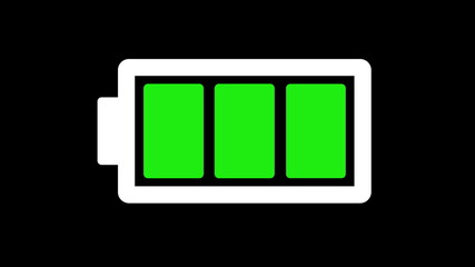 Battery icon animation on black background. Alkaline battery charging charge indicator icon, level battery energy