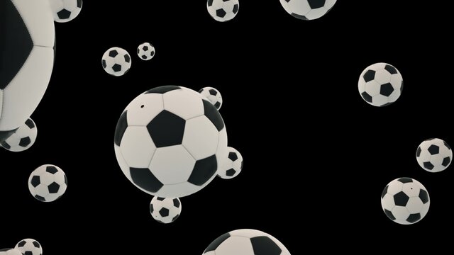 Falling soccer balls on black background. 3d rendering