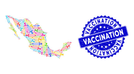 Colorful Mexico mosaic map done of syringe elements, and Vaccination distress badge. Vector syringe random flat colored items are united into mosaic map of Mexico country.