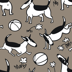 Bull terrier dogs seamless pattern. Background with pets character in doodle simple style. Vector illustration for fabric, textile, wrapping, other surfaces - 420529310