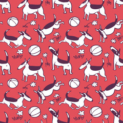 Bull terrier dogs seamless pattern. Background with pets character in doodle simple style. Vector illustration for fabric, textile, wrapping, other surfaces