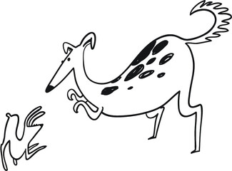Hunting borzoi dog. Racing pet with rabbit. Vector illustration with doodle sketchy russian wolfhound. Coursing sport