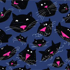Cute cats seamless pattern. Background with pets in doodle style. Vector illustration with funny  kitten in black color. 