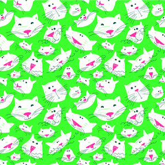 Cute cats seamless pattern. Background with pets in doodle style. Vector illustration with funny  kitten in wjite and green colors. 