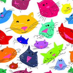 Cute cats seamless pattern. Background with pets in doodle style. Vector illustration with funny  kitten in bright colors. 