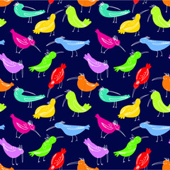 Doodle  birds seamless pattern. Background  with funny flying animals. Vector illustration in cute hand drawn incomplete children style. Design element for wrapping, textile, fabric and surfaces - 420529718