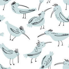 Doodle  birds seamless pattern. Background  with funny flying animals. Vector illustration in cute hand drawn incomplete children style. Design element for wrapping, textile, fabric and surfaces - 420529729