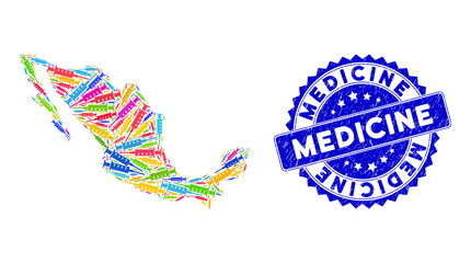 Multicolored Mexican mosaic map done of syringe pictograms, and Medicine textured seal stamp. Vector syringe scatter flat colored pictograms are combined into conceptual map of Mexico.
