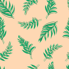 seamless pattern  palm leaves green leaves and contours on background. For textiles, packaging, fabrics, wallpapers, backgrounds, invitations. Summer tropics hand illustration