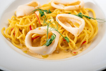 Asian-style seafood noodles. Plate of spaghetti with squid, pepper and hot tom yam sauce, macro
