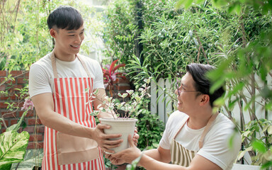Two men taking care plants in garden at home