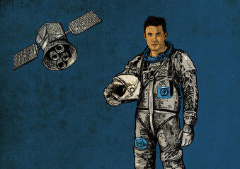 Astronaut with satellite behind
