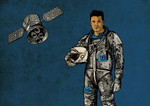 Astronaut with satellite behind