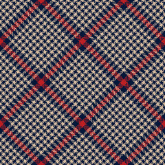 Glen plaid pattern in navy blue, red, beige. Seamless decorative tweed tartan check plaid graphic background for skirt, throw, other modern spring autumn winter everyday casual fashion textile print.