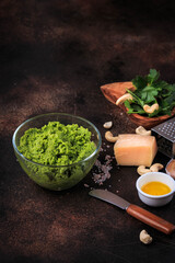 Homemade Pesto. Ingredients for making pesto sauce. Selective focus.
