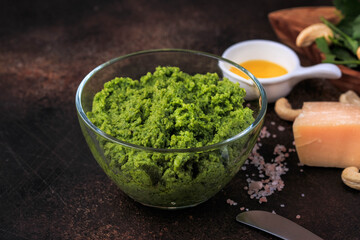 Homemade Pesto. Ingredients for making pesto sauce. Selective focus.