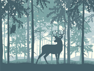 Deer with antlers posing, blue forest background, silhouettes of trees. Magical misty landscape. Illustration.