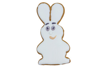 Gingerbread cookie in shape of bunny isolated on a white background