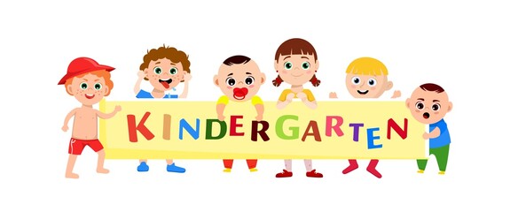 Group of kids holding the banner. Vector illustration