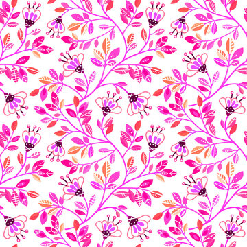   Seamless pattern with decorative twigs, flowers and leaves on a white background
