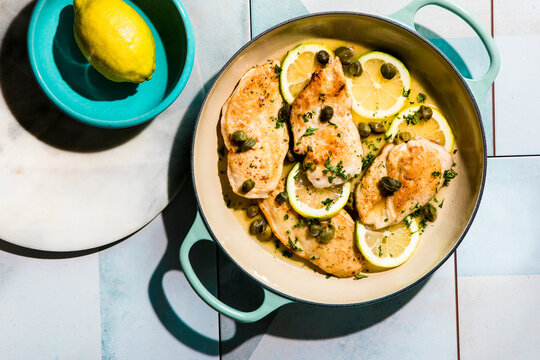 Chicken dinner in lemon caper sauce